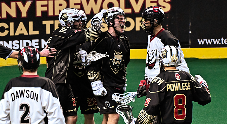 box lacrosse players celebrating a goal